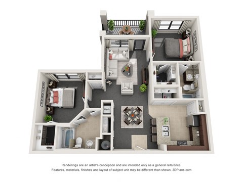 floor plan of two bed two bath unit